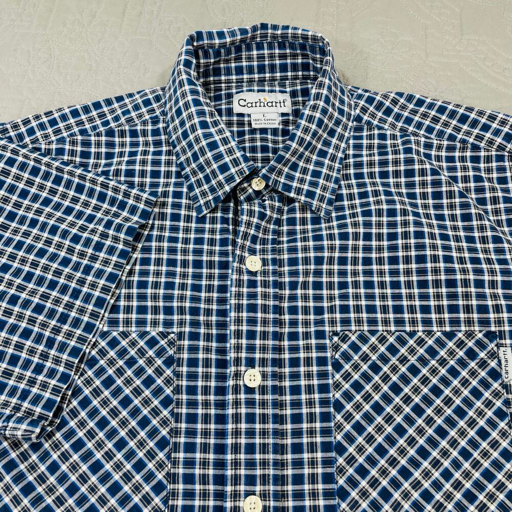 Carhartt Button Shirt Mens Large Check Blue Short Sleeve S245 Cotton Workwear